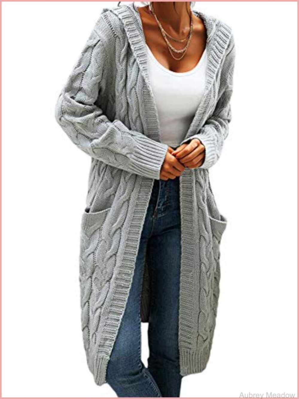 Cable Knit Open Front Long Cardigan Hooded Sweater with Pockets